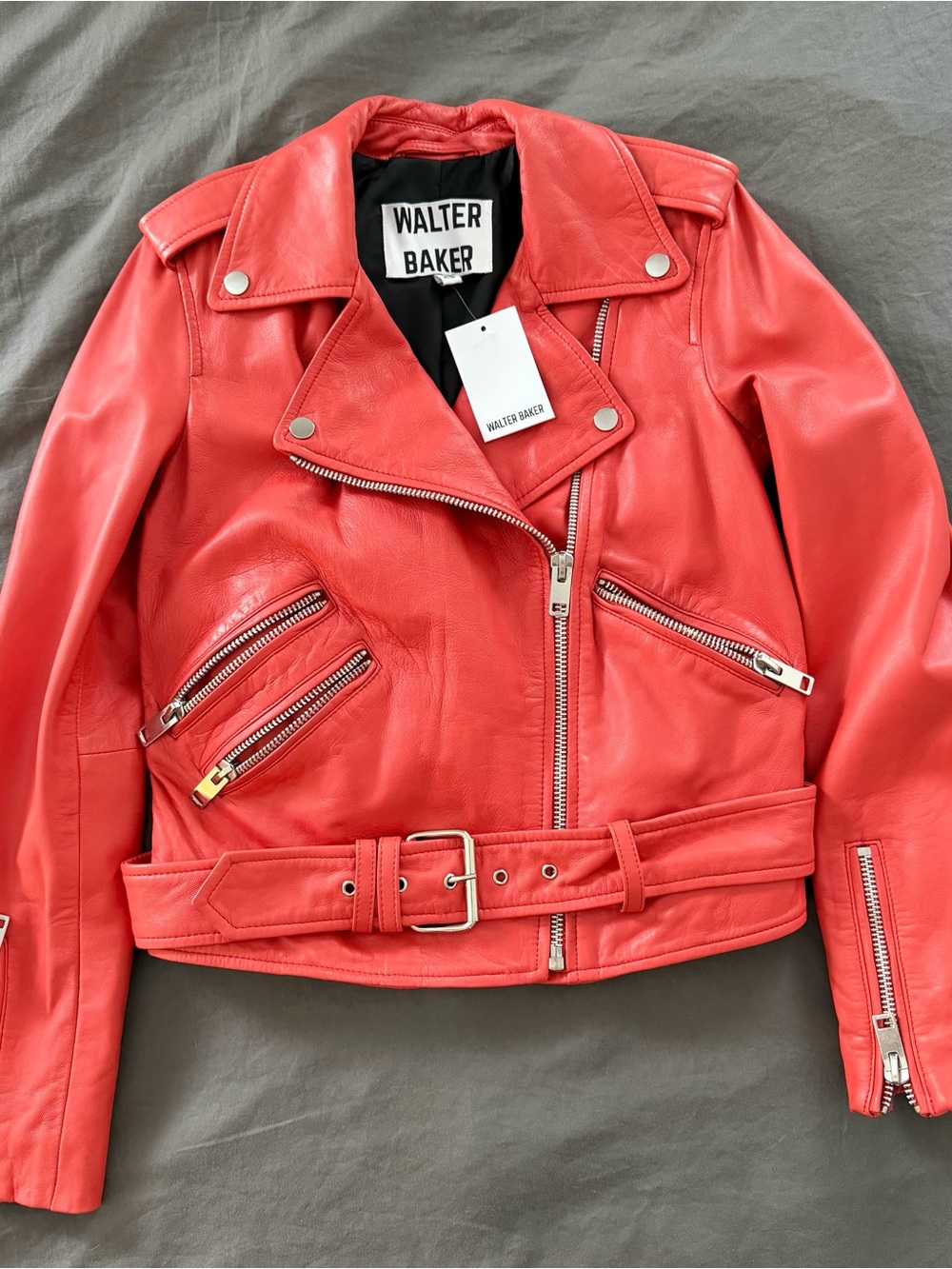 Walter Baker Coral-Red Leather Moto Jacket